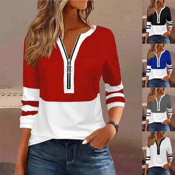 Plus Size Long Sleeve T-Shirt with Geometric Stripes & Color Block Ring Zipper Detail - Fall Fashion 1