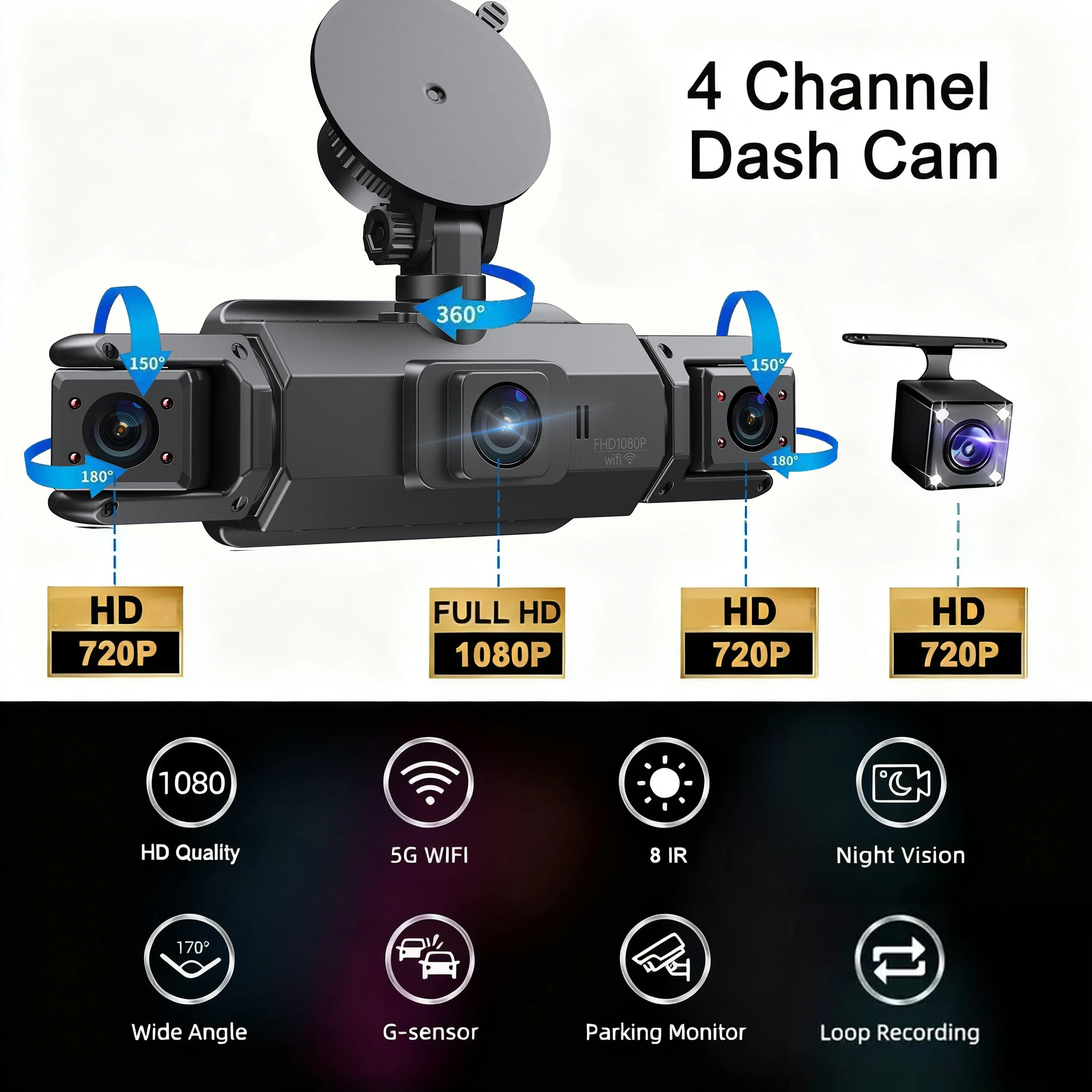 360° dashcam car camera recording wifi wireless webcam way video recorder 1080P 24 Parking 4 Channel Car black box 2