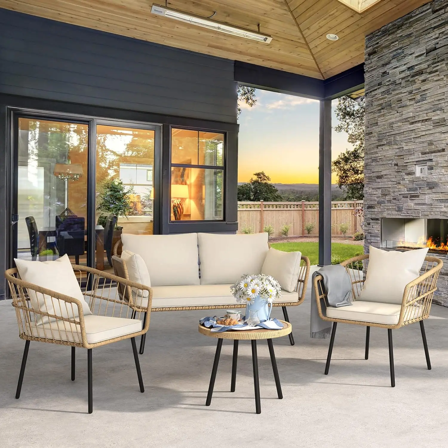 

3 Pieces Outdoor Bistro Set, All-Weather Wicker Patio Furniture Set, Rattan Conversation Set with Table and Chair - Grey/Beige