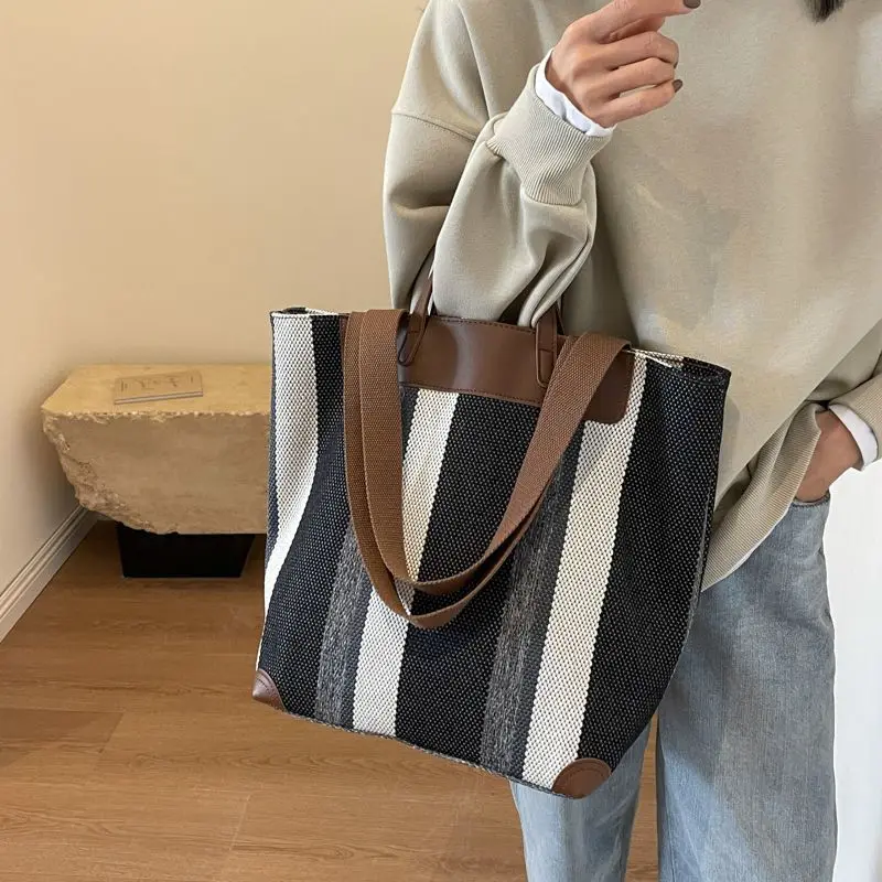 New Striped Canvas Reusable Grocery Bag Women's Large Capacity Fashion Versatile Shoulder Bag Student Class Commuter Tote Bag