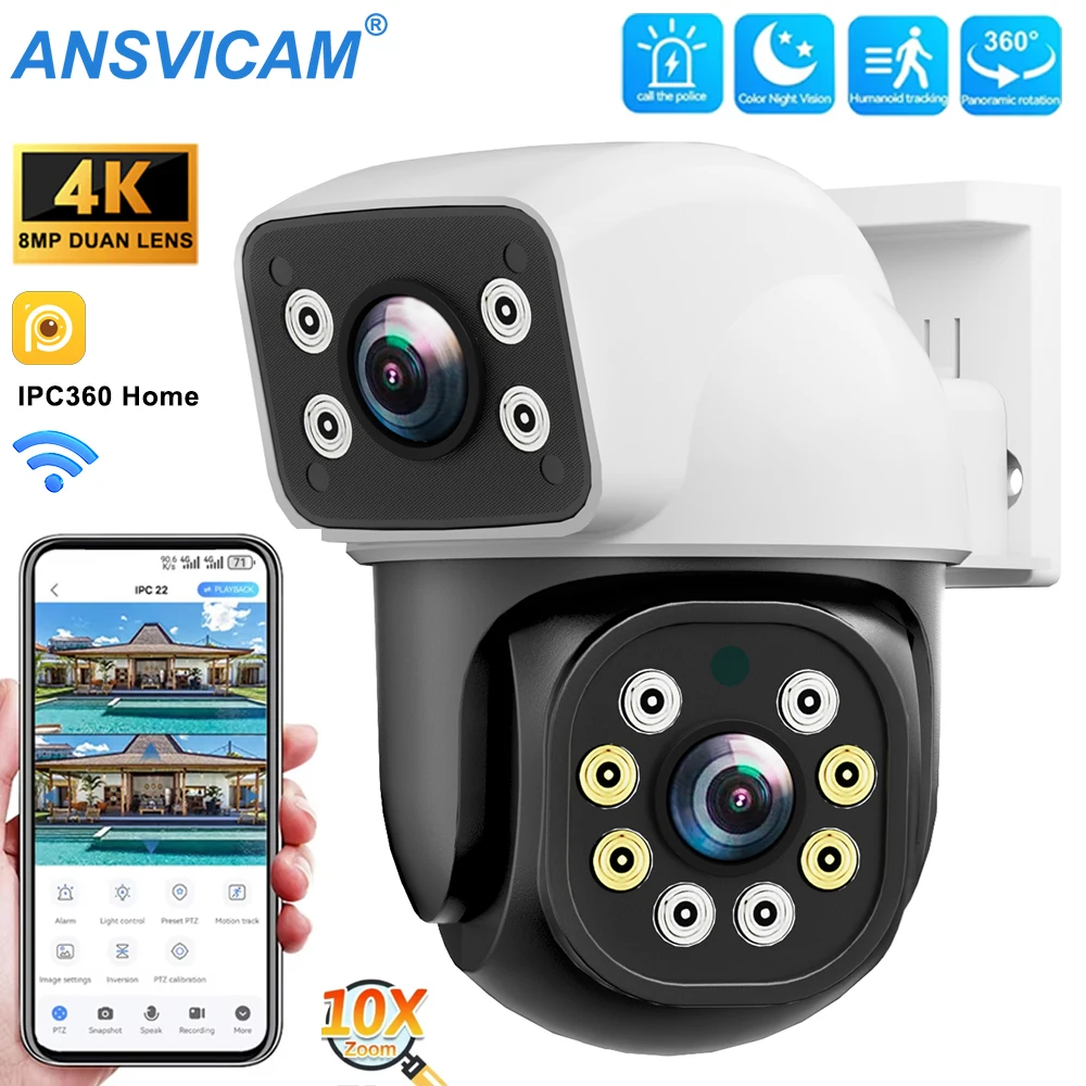 4K Dual Lens Wifi PTZ Camera 8MP Dual Screen Security Cameras Outdoor Color Night Vision Auto Tracking Surveillance IPC360 Home 1