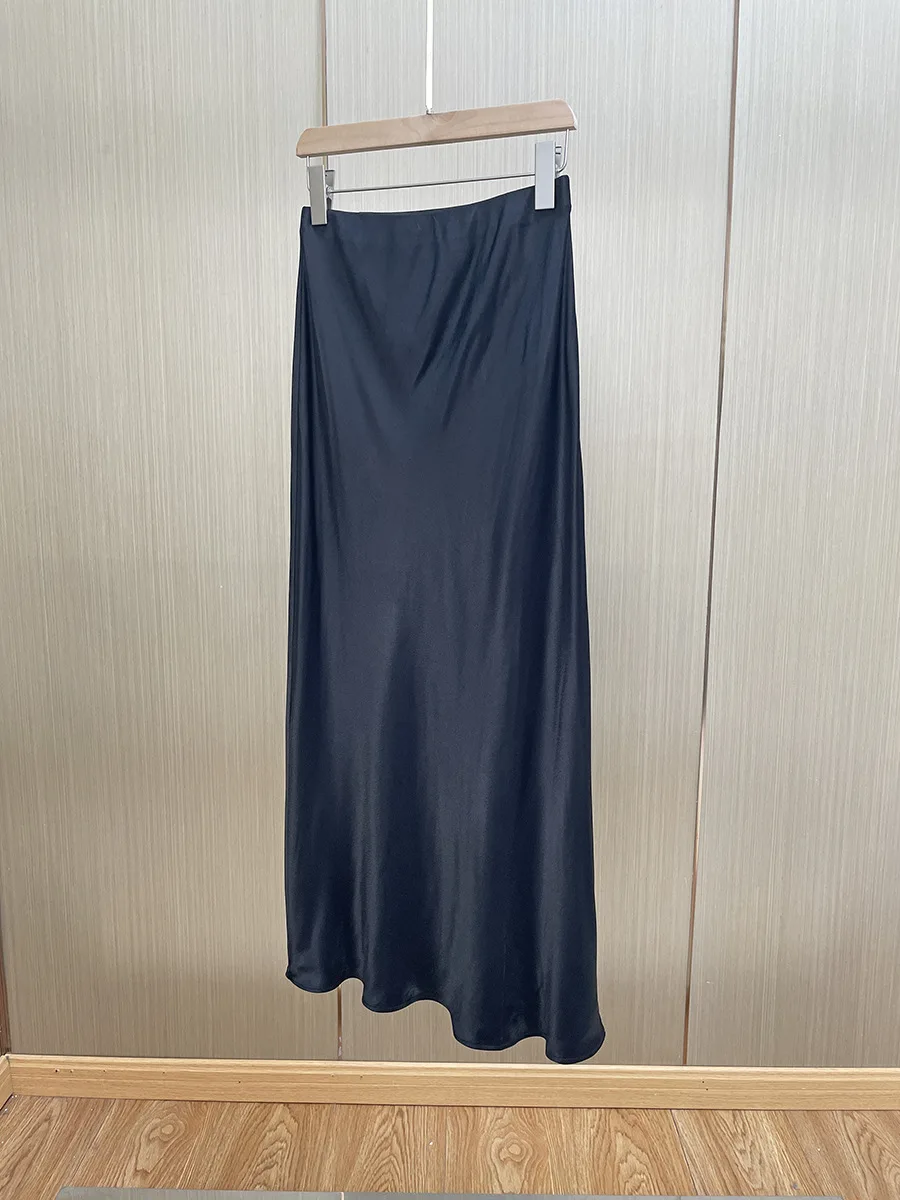 

New Elegant Women Satin Slim Skirt High Waist Black 2023 Summer Fashion Female Trumpet Midi Jupe