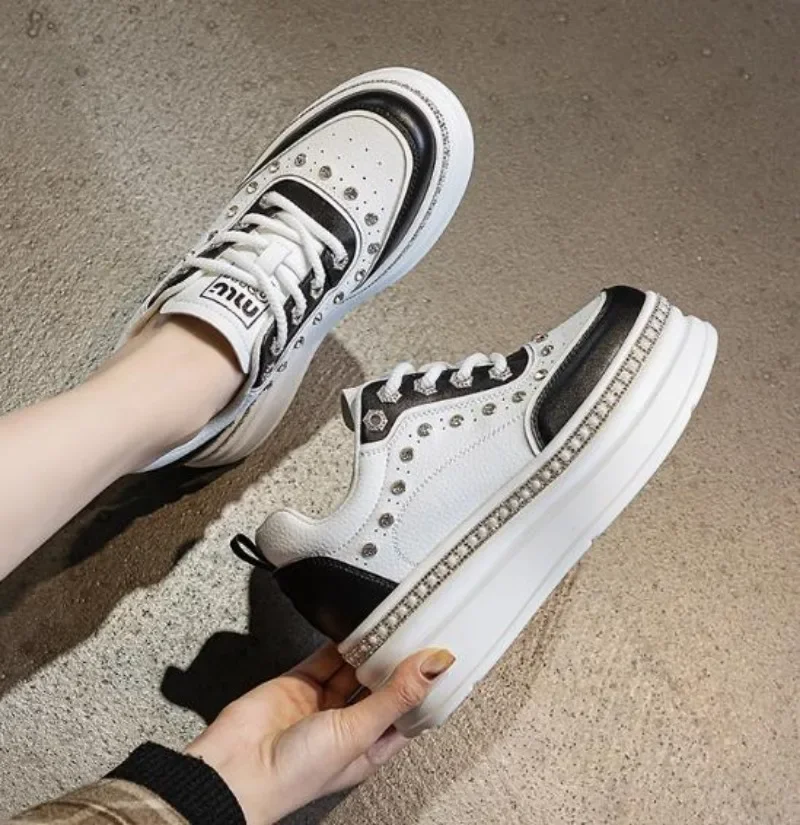 7cm Genuine Leather Women Fashion Casual Bling Chunky Sneakers Platform Wedge Vulcanized Autumn Spring Hidden Heels Ladies Shoes 5