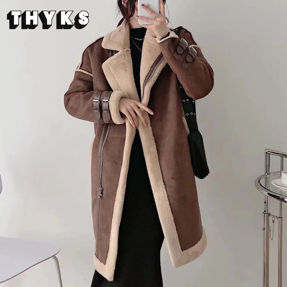 

Long Faux Fur Coat Women Winter Suede Jacket Teddy Fashion Thick Warm Zipper Windbreaker Sheepskin Overcoat Moto Jackets Tops