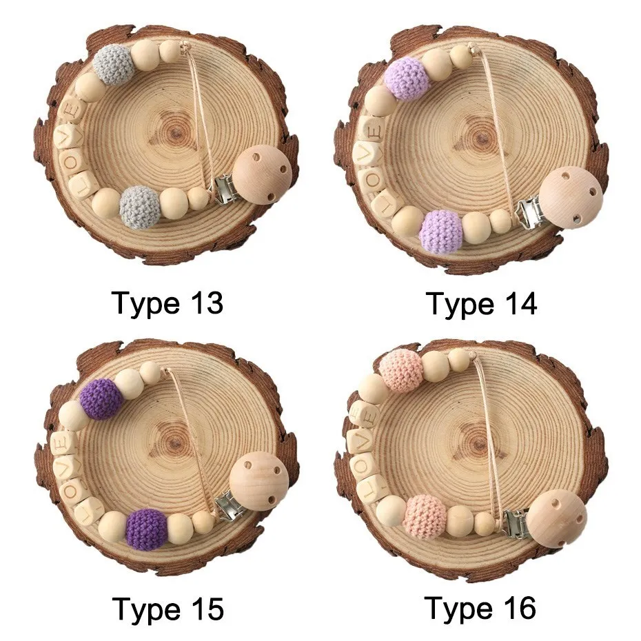 

Baby Teether Beech Wooden Pacifier Chains Personalized Name Handmade DIY Teething Chain Dummy Clip Crochet Bead Children Product