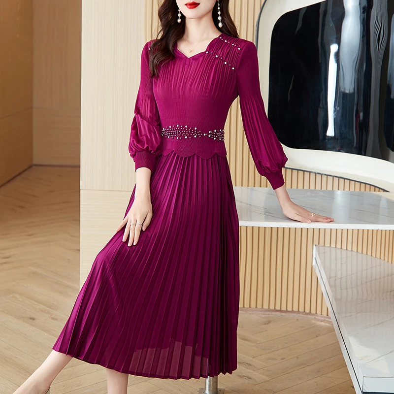 Spring Pleated Patchwork Chic Diamonds Luxury Midi Women's Dress Summer Elegant Bodycon Dress 2024 Korean Formal Occasion Dress - Image 4