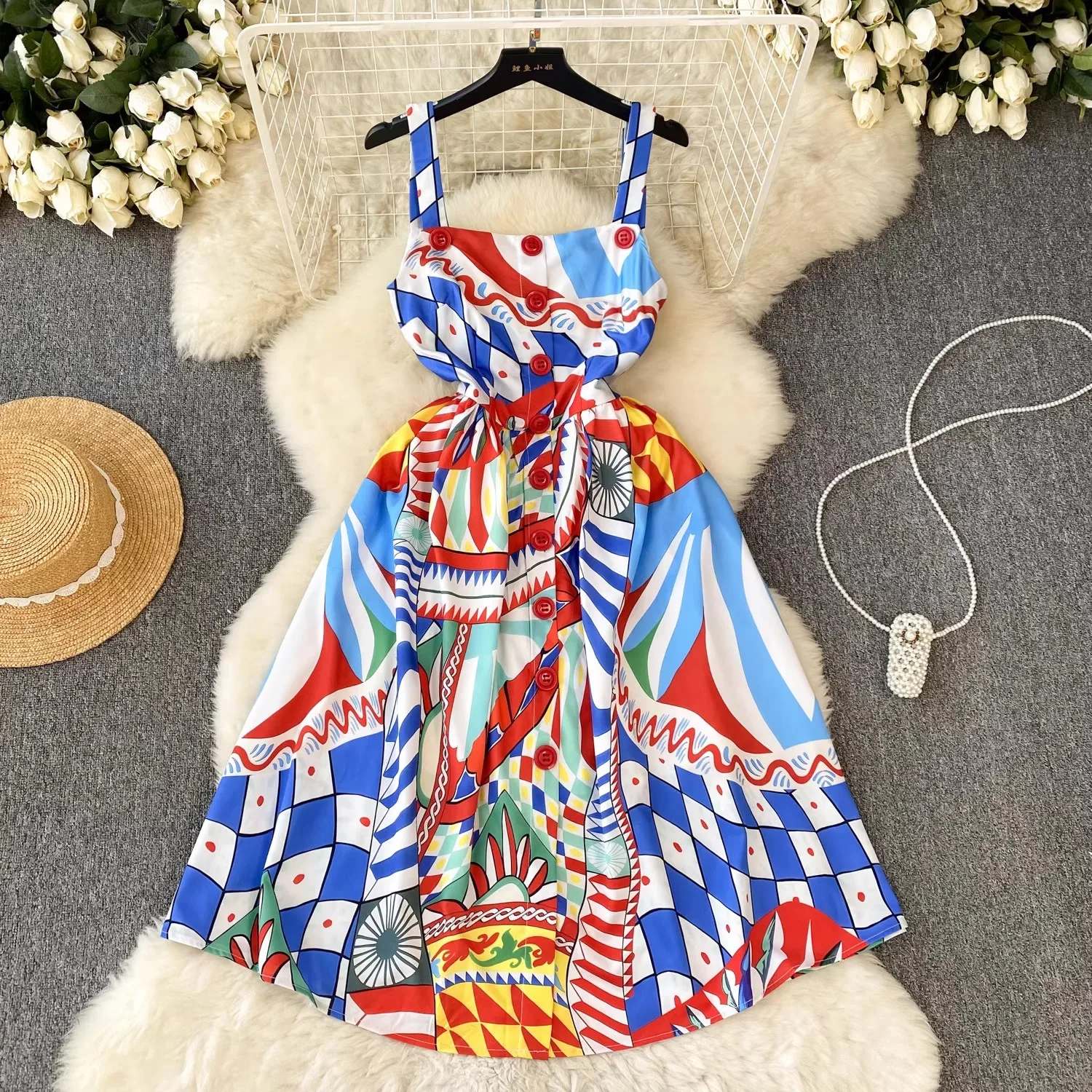 

Summer Elegant Button Spaghetti Strap Dress Women's Sleeveless Slash Neck Colorblock Print Beach Runway A-Line Midi Vestidos