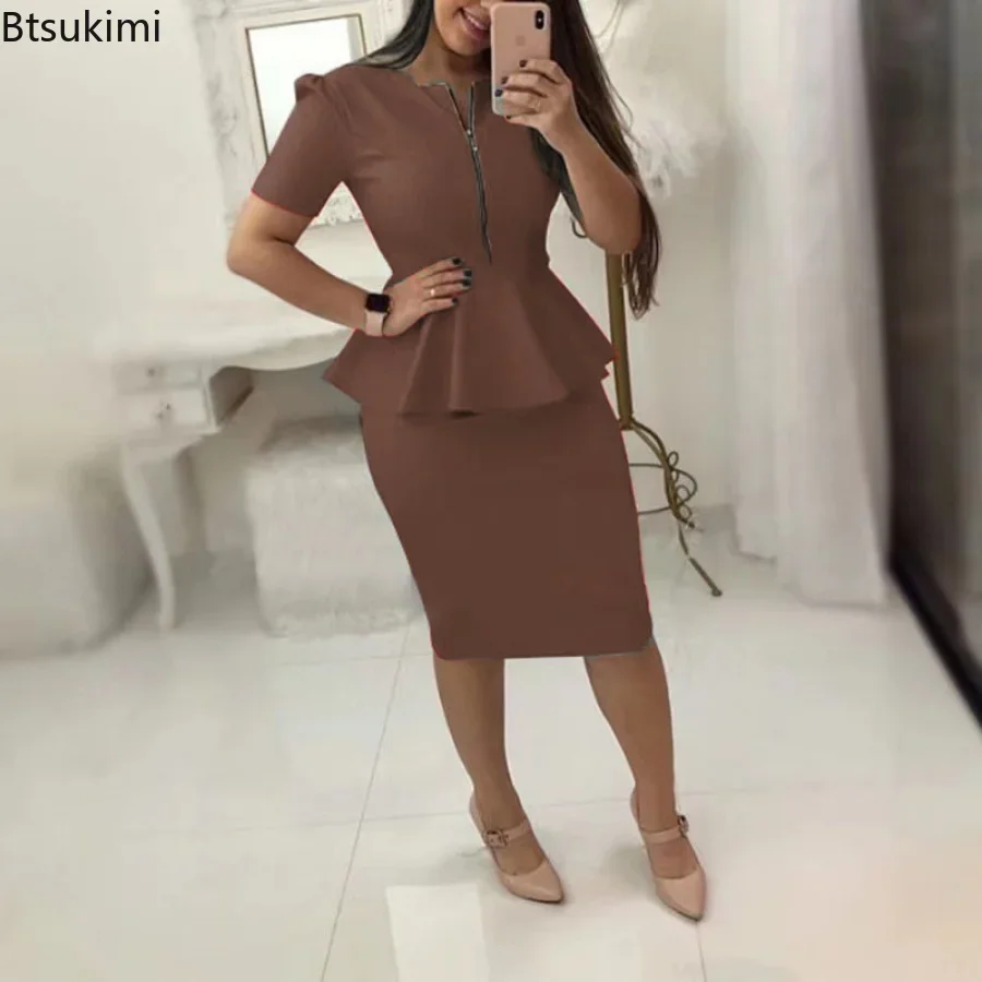 2024 Women's Formal Office Skirt Sets Solid Zipper V-neck Pencil Knee-Length Business OL Skrit Sets Female Two Pieces Dress Sets