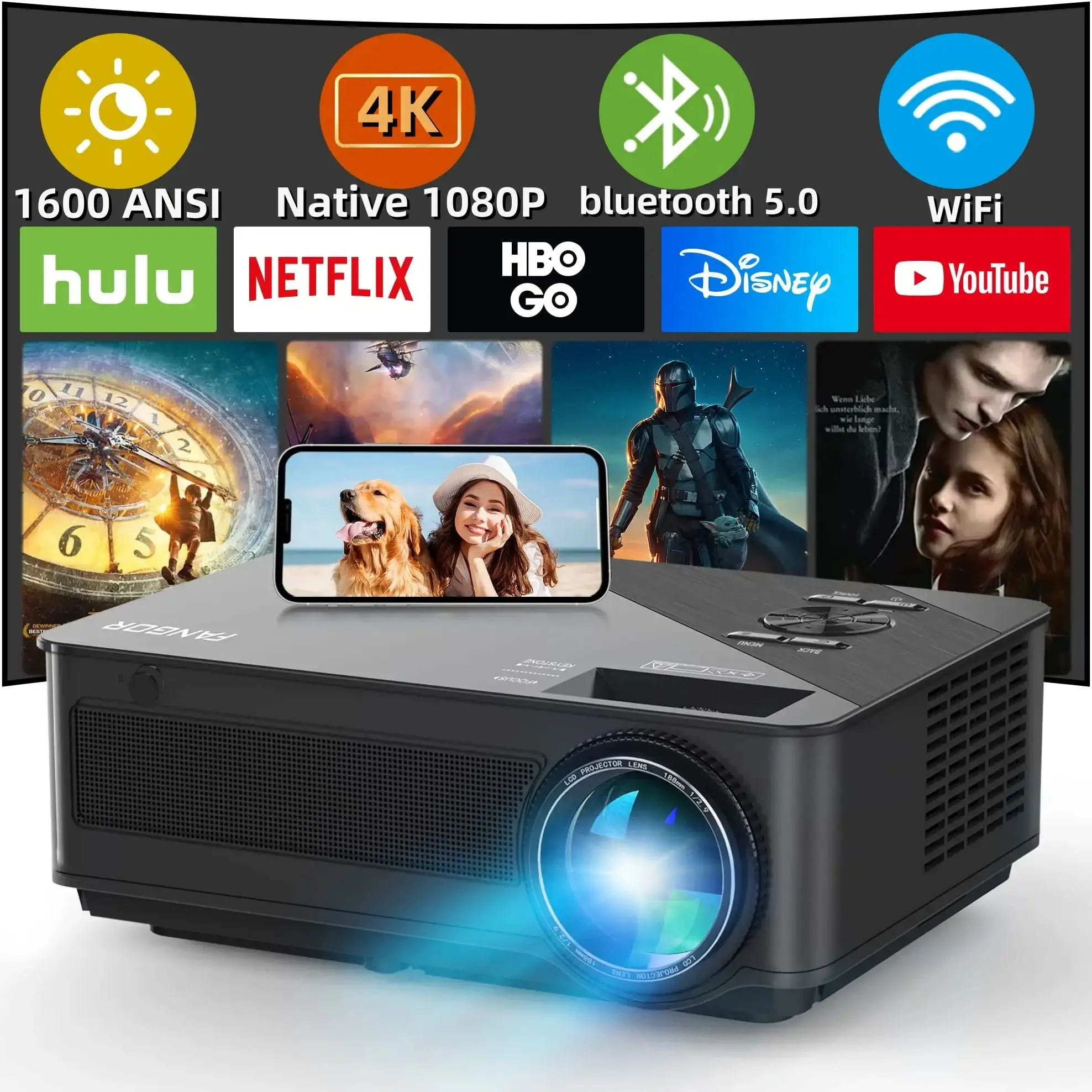 FANGOR 1600 Ansi 4K Projector Supported with Screen Full HD 1920*1080P Native Dolby Audio Home Theater Beamer Wifi proyector