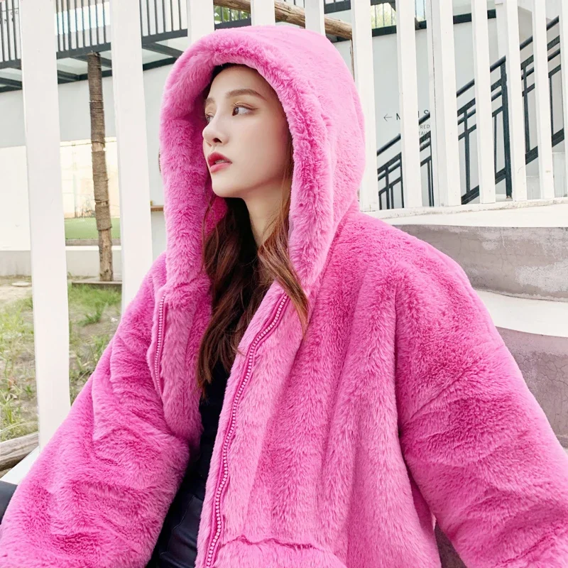 2023 Autumn Winter Women's Sweatshirt Jacket Loose Hooded Plush Fashion Thick Warm Faux Fur Imitate Rabbit Furry Mid-Length Coat