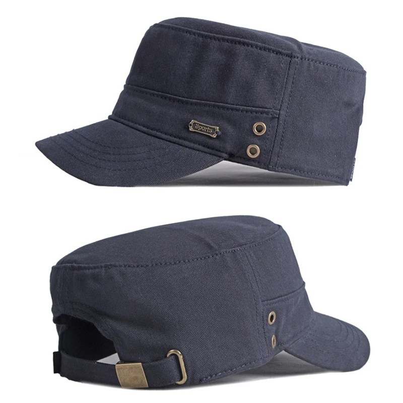 [Casual Military Hats For Men Cotton Flat Top Army Caps Women Solid Color Black Sun Hat Metal Tag Visor Curved Brim Adjustable - Image 4
