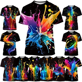 Colorful Splash Ink 3D Printing Cool Casual Street Hip-hop Personalized Short-sleeved T-shirt Tops for Men and Women Kids Tops