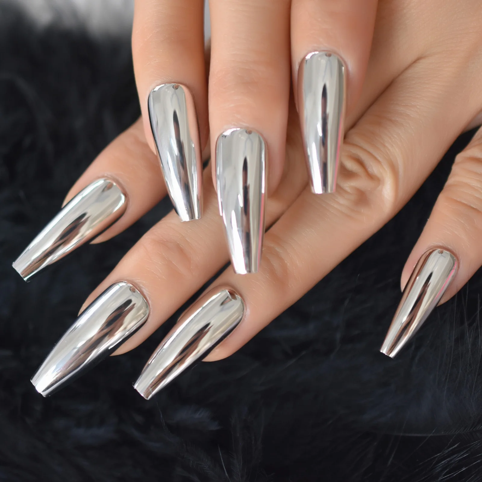 Silver Coffin Fake Nails Long Ballet Metallic False Nail Tips Solid Color Mirror Press On Nails Art Manicure At Home Salon Tools