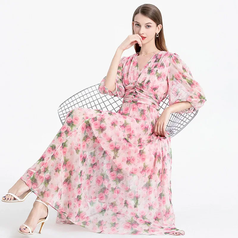 

2024 New Elegant Silk Bodycon Dress for Women V-Neck Slim Folds Waist Lantern Sleeve Floral Printing Mulberry Silk Party Dresses