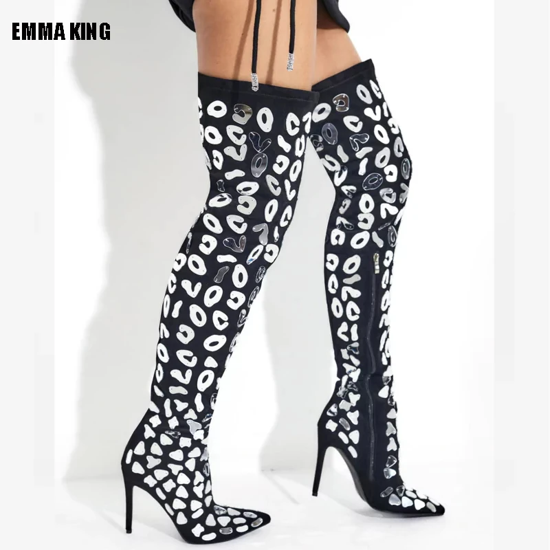 

2023 Fashion Women Over The Knee Boots High Heels Blingbling Sliver Flake Decor Boots Long Thigh Pleaser Boots Shoes 44