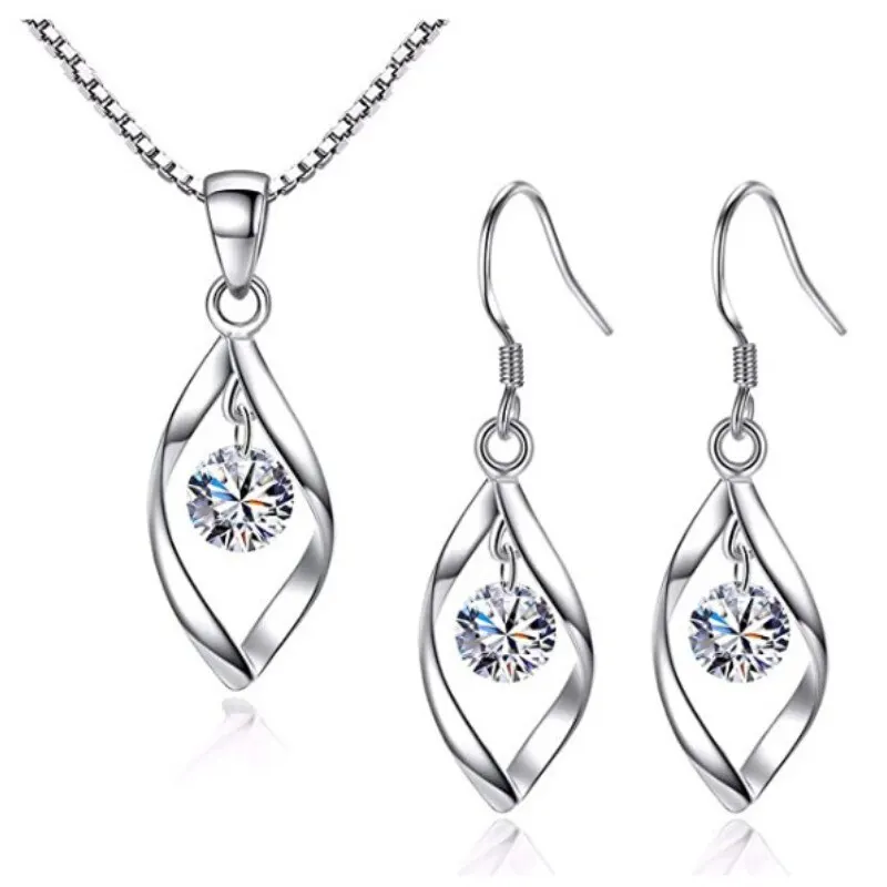 3pcs Necklace Earrings Set Ladies Cold-color Wind Twisted Glass Diamond Venice Chain Imitation White Gold-color Jewelry jewelry sets jewelry set
