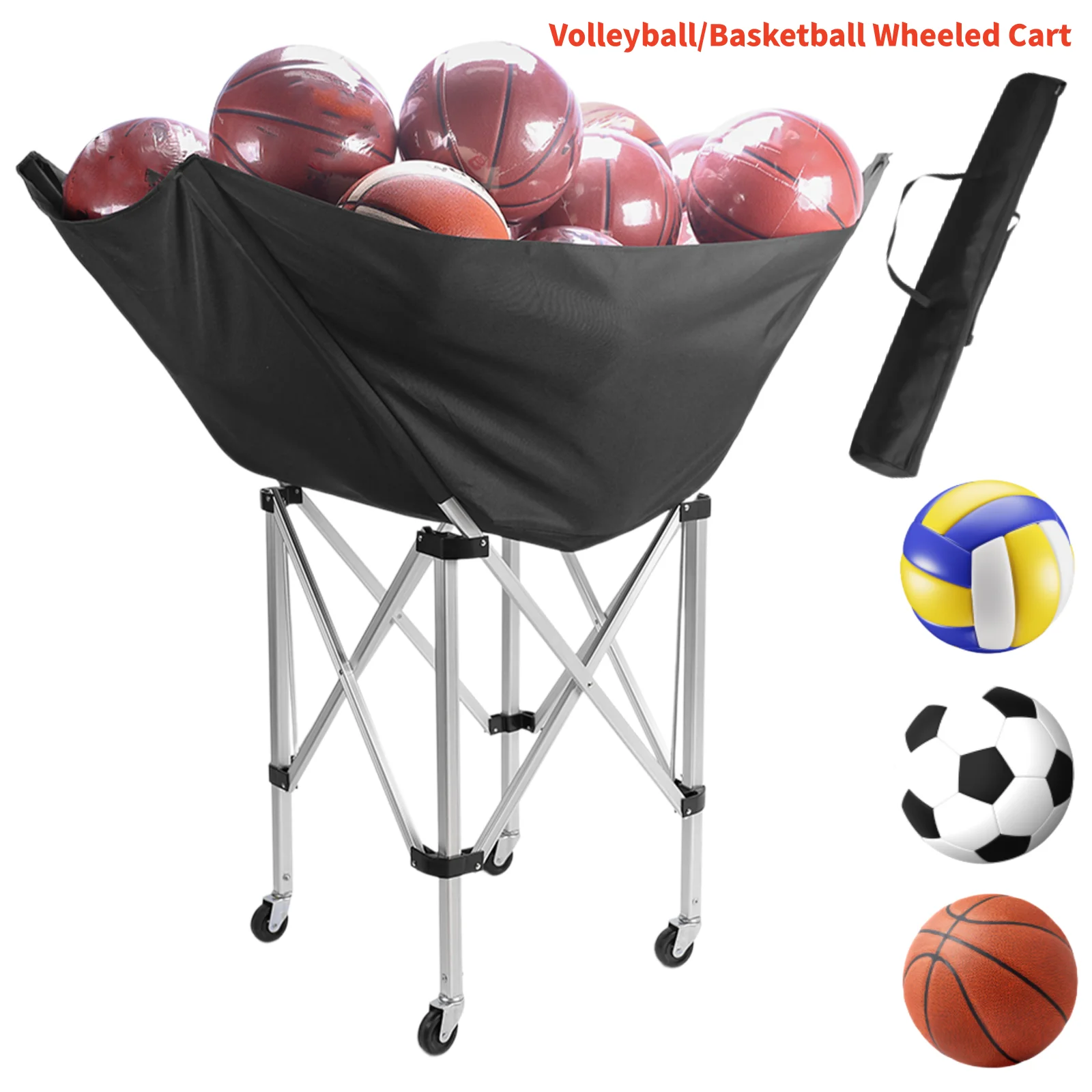 Metal Folding Sports Ball Cart with Wheels for Volleyball Tennis Basketball