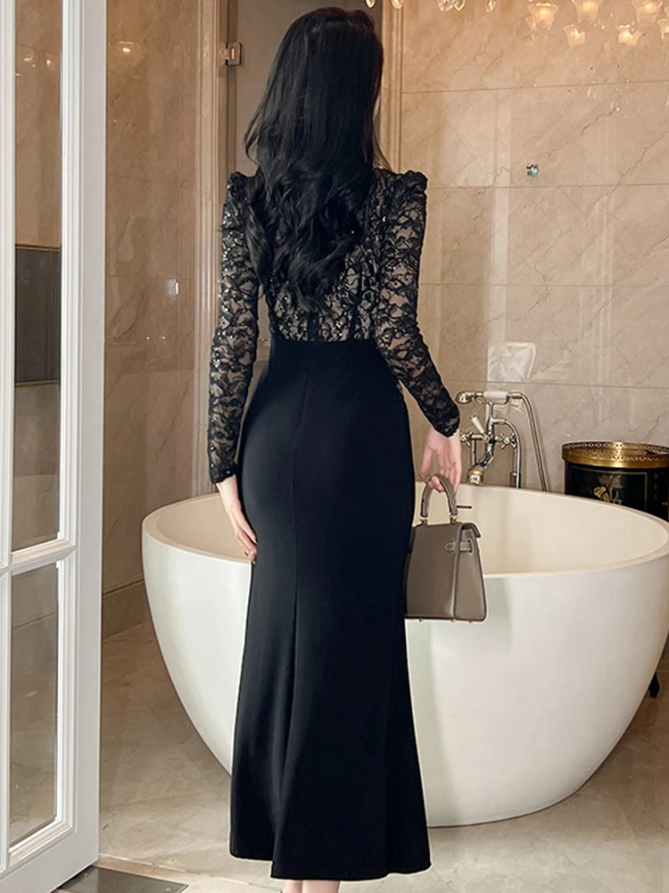 Women's Fashion French Retro Maxi Dress Woman Black Lace
