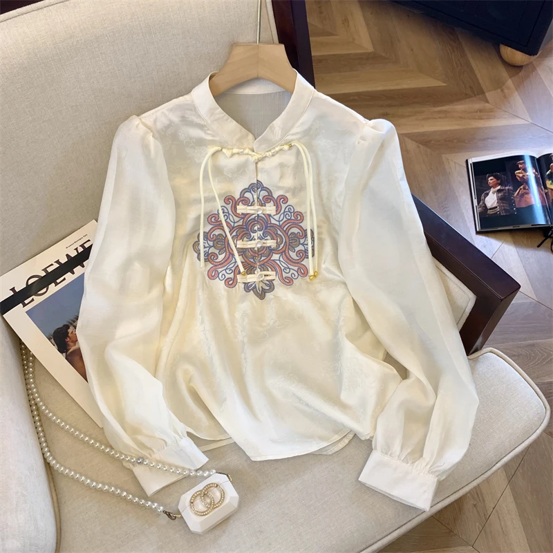 

Stand Collar Disc Button Heavy Industry Embroidery Shirt for Women, Chinese Style, Jacquard Small Shirt, Top Tide, Spring, New
