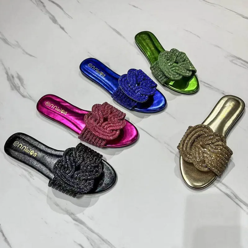 

Xibeilove 2024 Summer Women's Slippers Fashionable Rhinestone Woven Flat Slippers Outdoor Household Shoes