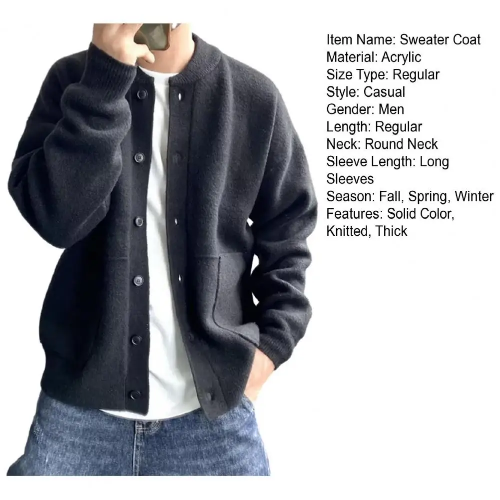 Men Sweater Coat Round Neck Single-breasted Solid Color Long Sleeve Knitted Thick Pockets Warm Men Cardigan Sweater Knitwear