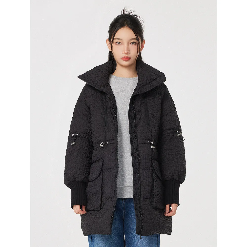 Metersbonwe Women's Winter Adjustable Waist Loose Duck's Down Jackets Solid Color Stand Collar Medium-Length Ladies Warm OutWear