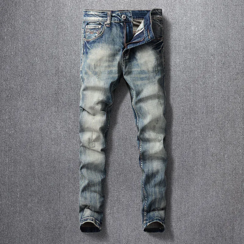 

Italian Style Fashion Men Jeans High Quality Retro Washed Blue Stretch Slim Fit Ripped Jeans Men Vintage Denim Pants Hombre