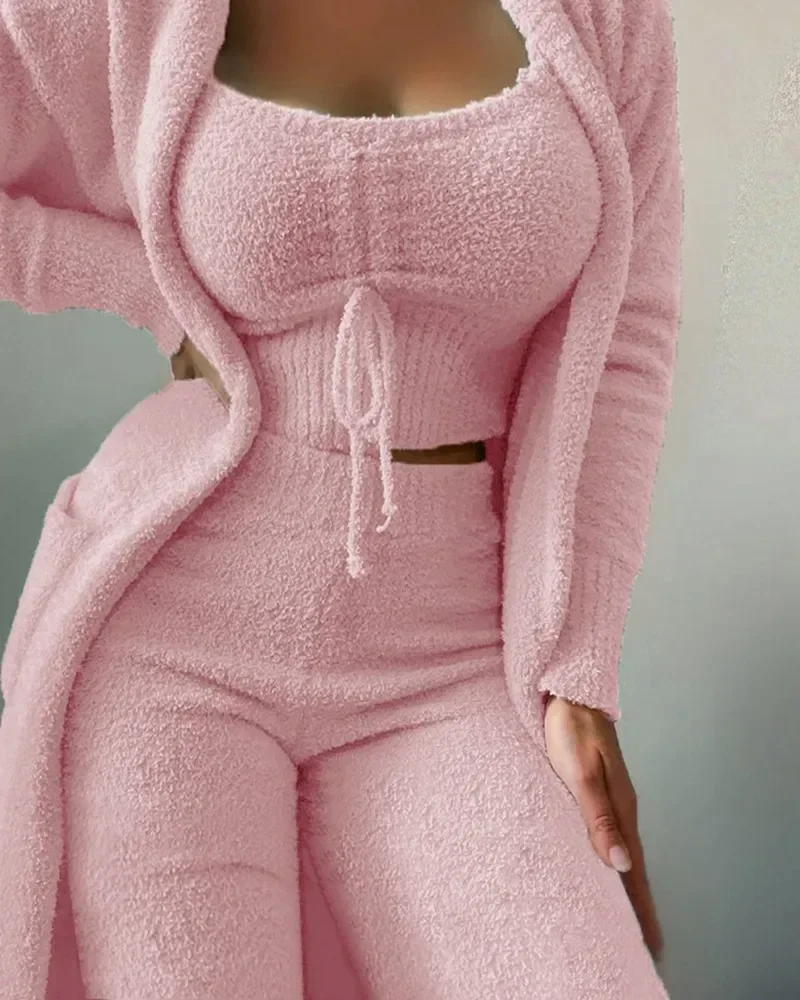 IOOTIANY Warm Soft Fleece Homewear Pyjamas S-3XL Autumn Winter Women's Velvet Pajamas Set Crop Top+Long Pants+Coat 3 Pieces Suit