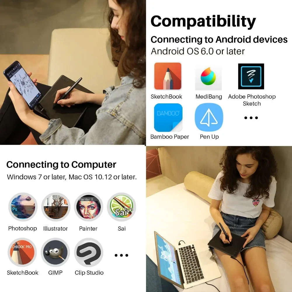 HS64 Graphics Tablet Digital Pen Drawing Tablets with 8192 Battery-Free Stylus Press Keys Support Android MacOS - Image 2