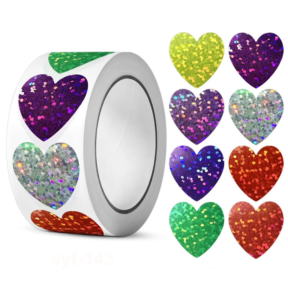 

100-500pcs Holographic Color Gold Heart-shaped Stickers Kids Reward Stickers Labels For Wall Crafts Classroom Teachers Supplies
