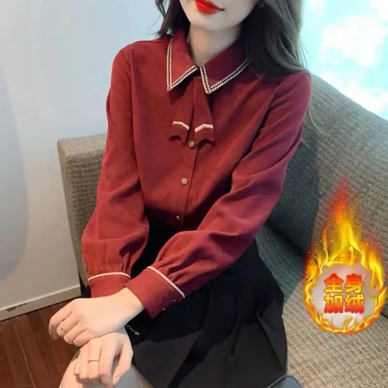 Spring Autumn New Fashion Elegant Polo Neck Long Sleeved Blouse Casual Versatile Western Clothing Solid Color Loose Women Shirts