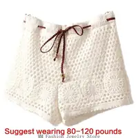 Knitted Crochet Wide Leg Loose Lace Shorts for Women Hollowout Drawstring High Waist Beach Sheer Cover Up Bottoms