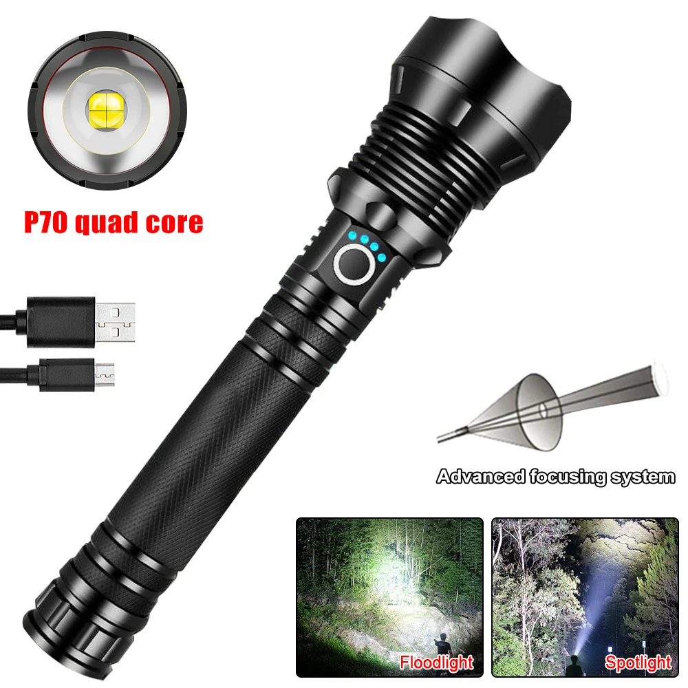 Powerful 4000 Lumens Flashlight P70 LED Torch Telescopic Focus Toch 3 Modes Lamp Power by 2*26650 Battery for Camping Hiking