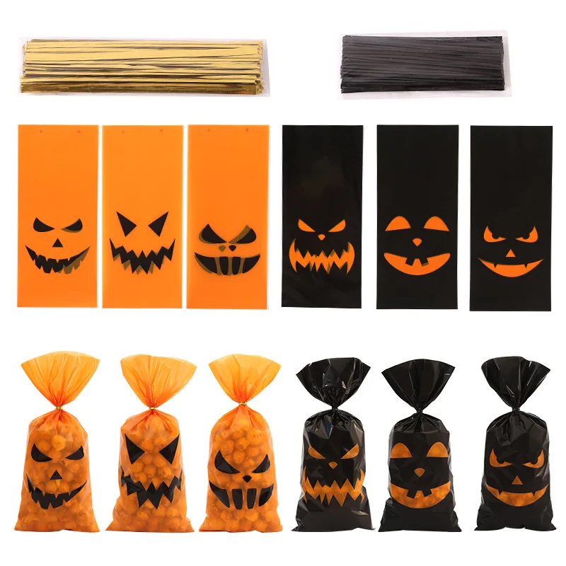 

50pcs Halloween Ghost Candy Bags Halloween Theme Party Favors Bags Plastic Snack Cookie Biscuit Gift Bag with Twist Ties