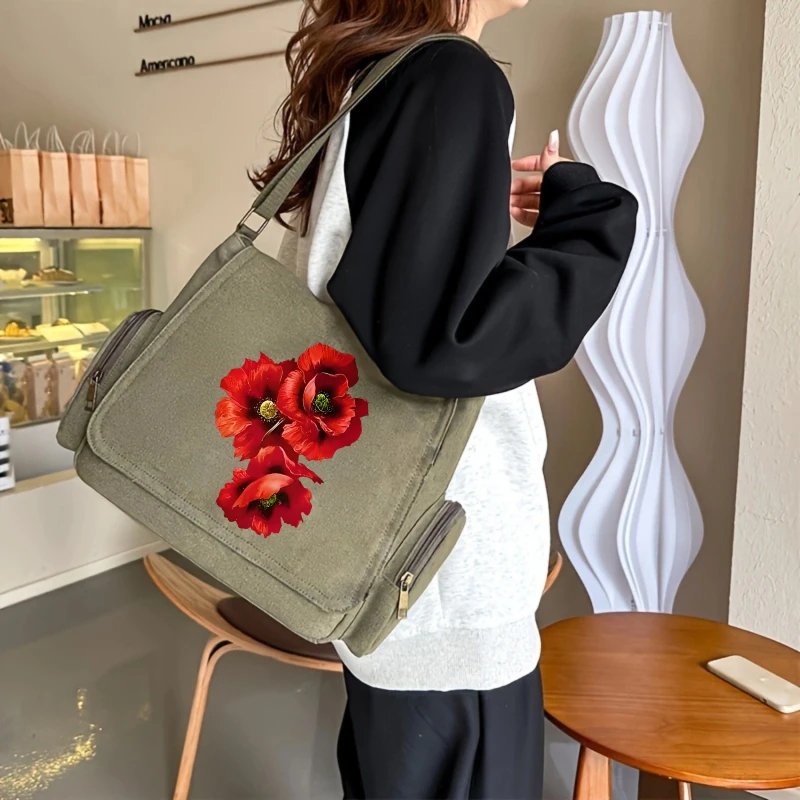 Vintage Women's Shoulder Bag Crossbody Bag Messenger Bag Canvas Poppy Floral Print Large Capacity Diaper Bags For Women