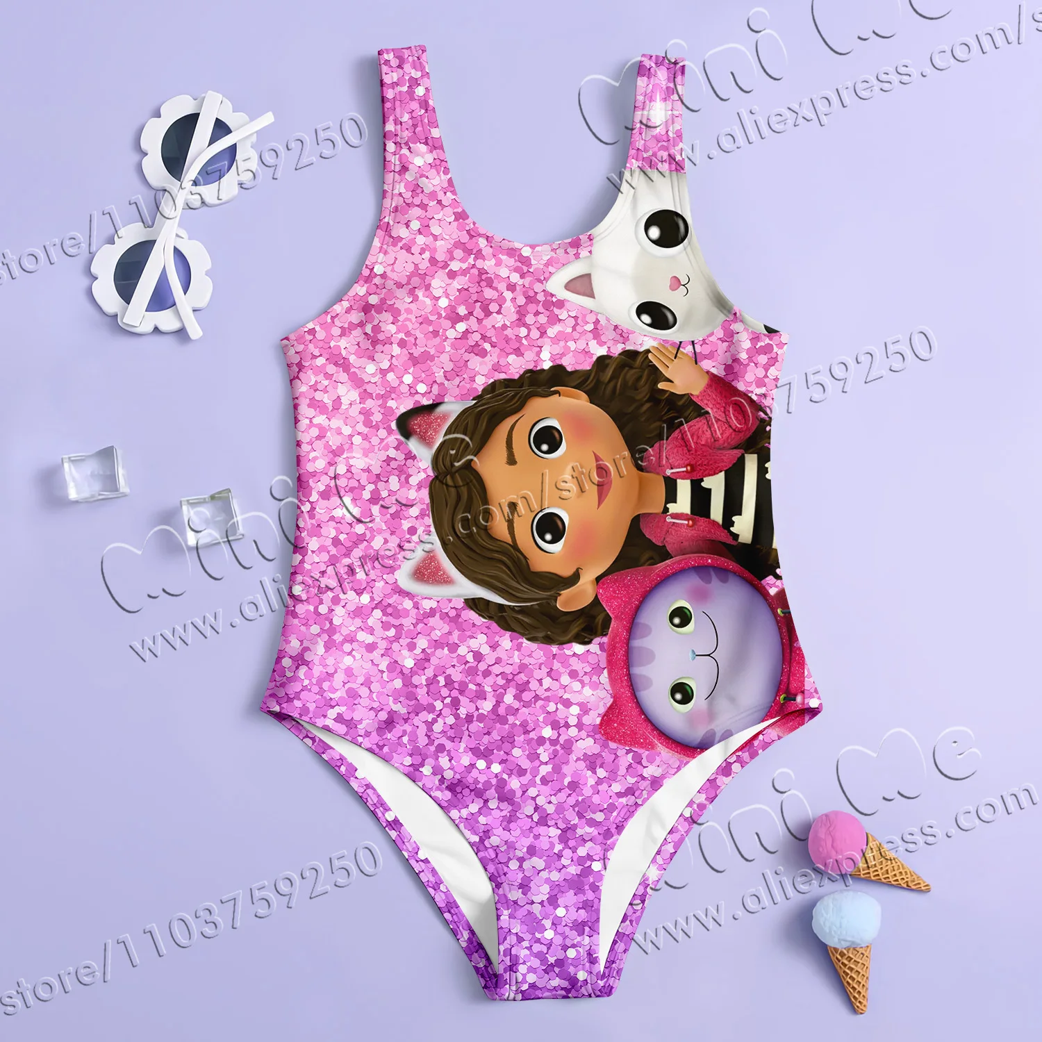 MINISO Girl Summer One-Piece Swimsuit Fashion Cartoon Gabby Dollhouse sequin Series Print Women Swimwear Sleeveless Clothing 2