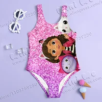 MINISO Girl Summer One-Piece Swimsuit Fashion Cartoon Gabby Dollhouse sequin Series Print Women Swimwear Sleeveless Clothing 2