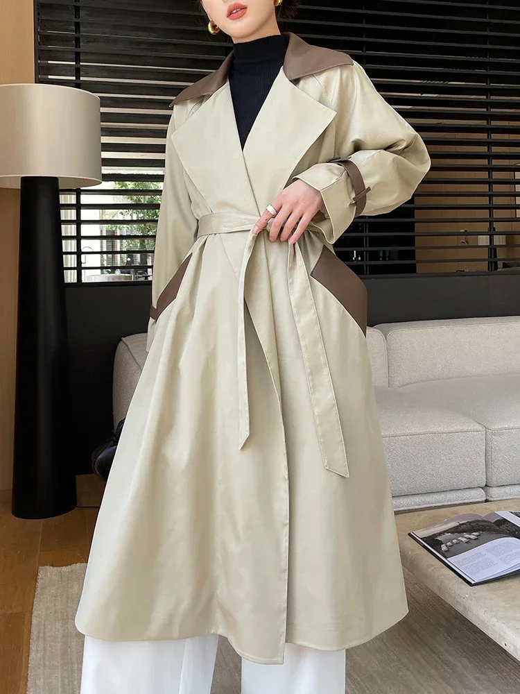 

Trench Long Coat for Women Spring Autumn 2024 Trend Contrast Patchwork Real Sheepskin Lapel Design Windbreaker Jacket with Belt