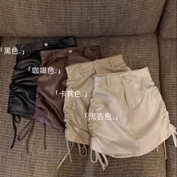 Spring Autumn Drawstring Ruffle High Waist Skirt Women A- line Leather Skirt Woman Skirts skirts 2022 korean fashion clothing