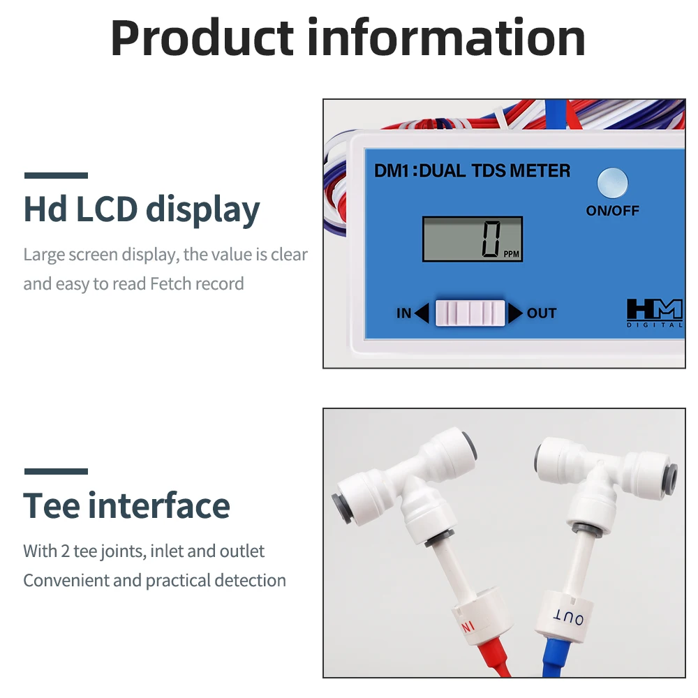Dual Channel Online TDS Water Quality Detector Tester DM1 Drinking Water Pool Pure Water Test Meter 0-9990PPM Dual Probe 5