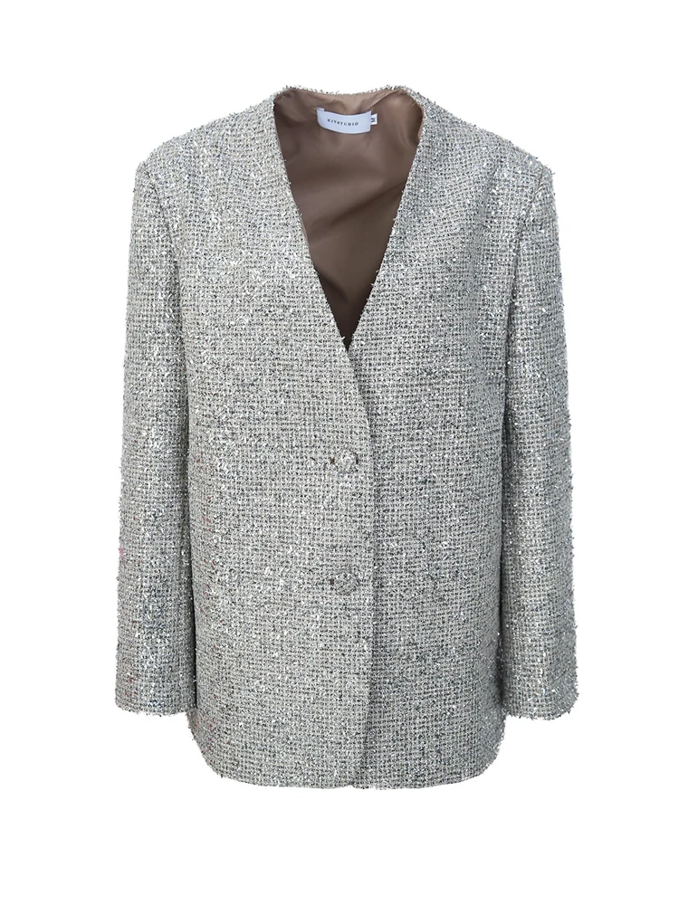 Stylish High quality Korean V-neck balzer for women 2024 Spring fall Single breasted jacket Korean style Sliver INKEO 3O299