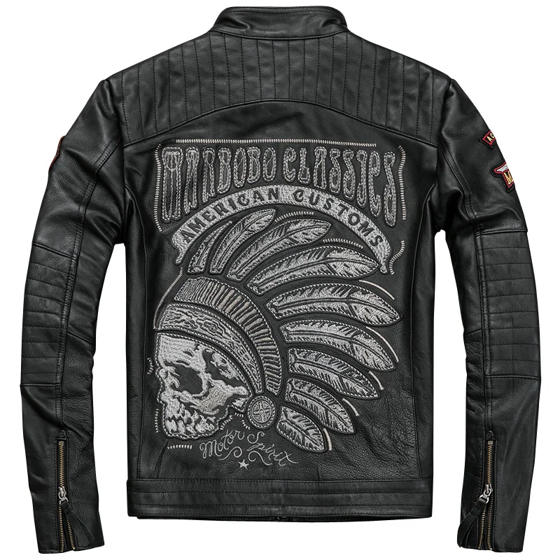 

Мужская черная приталенная модная модель с вышивкой черепа, Мужская мотоциклетная куртка из натуральной воловьей кожи, мужская куртка