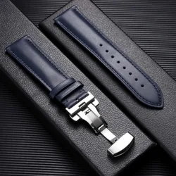 Premium Calfskin Leather Butterfly Clasp Watch Strap - Multiple Sizes Available in Black and Brown - 22mm (Blue)