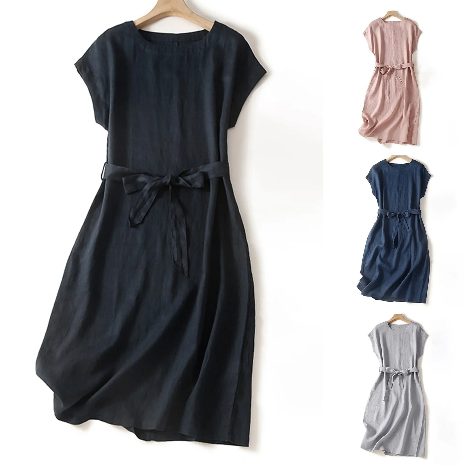 

Dress For Women Summer New Vintage Cotton Simple Lace Up Medium Long Dresses Sleeveless Women Backless Solid Color Sundress