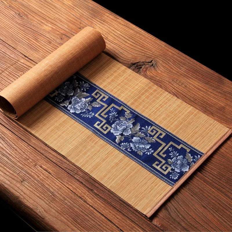 Handmade Chinese Zen Tea Mat - Embroidered Bamboo Tea Tray Mat with Jacquard Cotton Linen, Traditional Tea Ceremony Table Runner