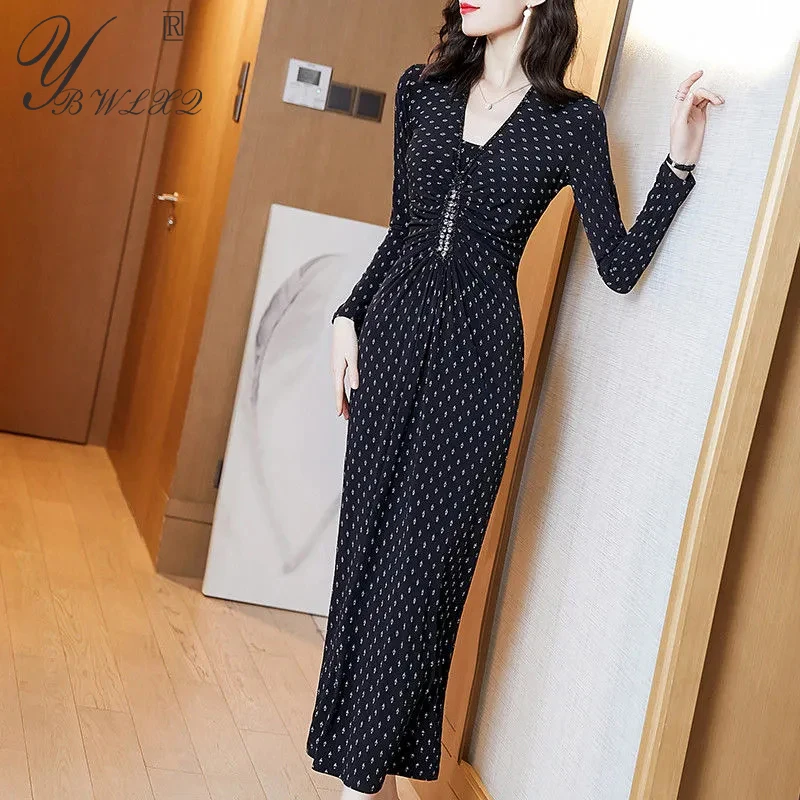 

2022 Long Sleeve Print Maxi Dress Women Autumn Elegant Vintage Slim Prom Dresses Black Big Size Fashion Temperament Clothes