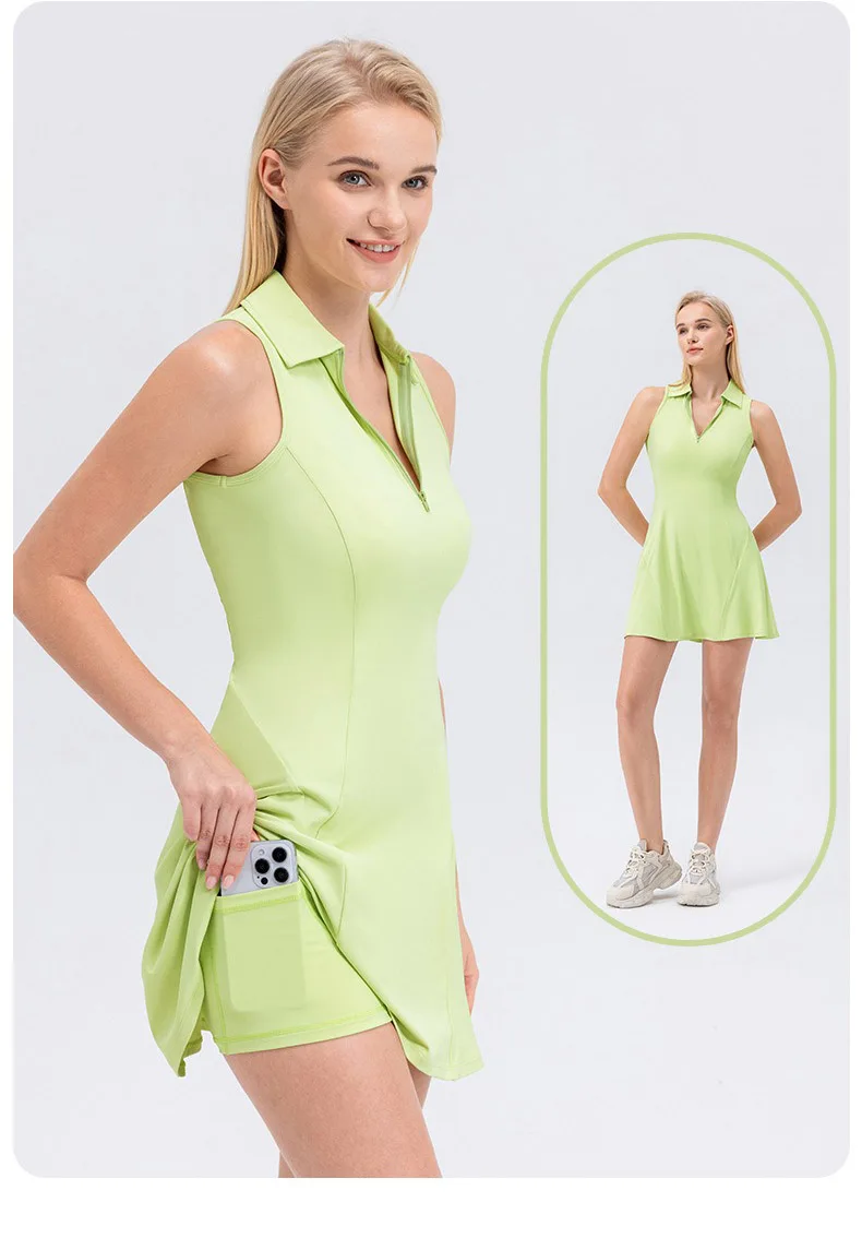 Plus Size S-XXL Polo Tennis Dress With Zipper&Shorts Clashing Color Golf Badminton Dress Casual Quick-Dry Stretchy Workout Skirt