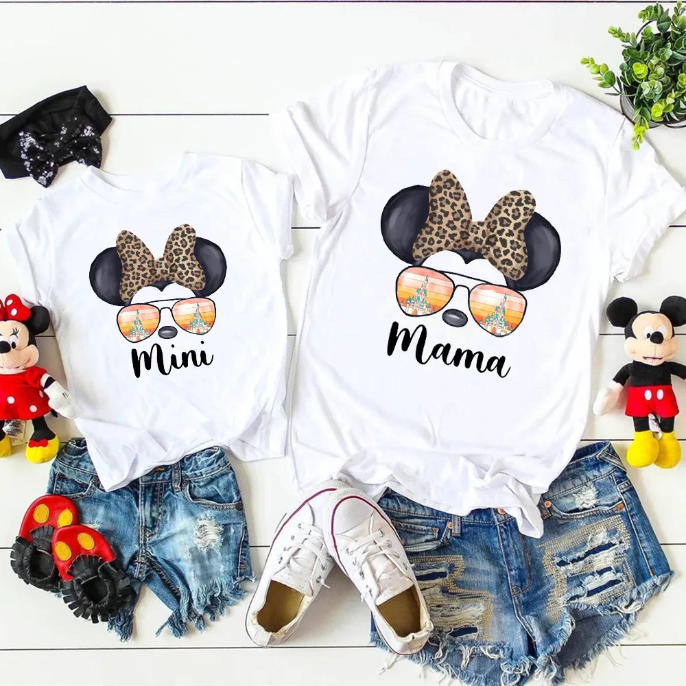 Funny Leopard Minnie Mouse Print Mother Kids T-Shirt Baby Body Cotton Summer Look Mama E Mini Family Matching Outfits