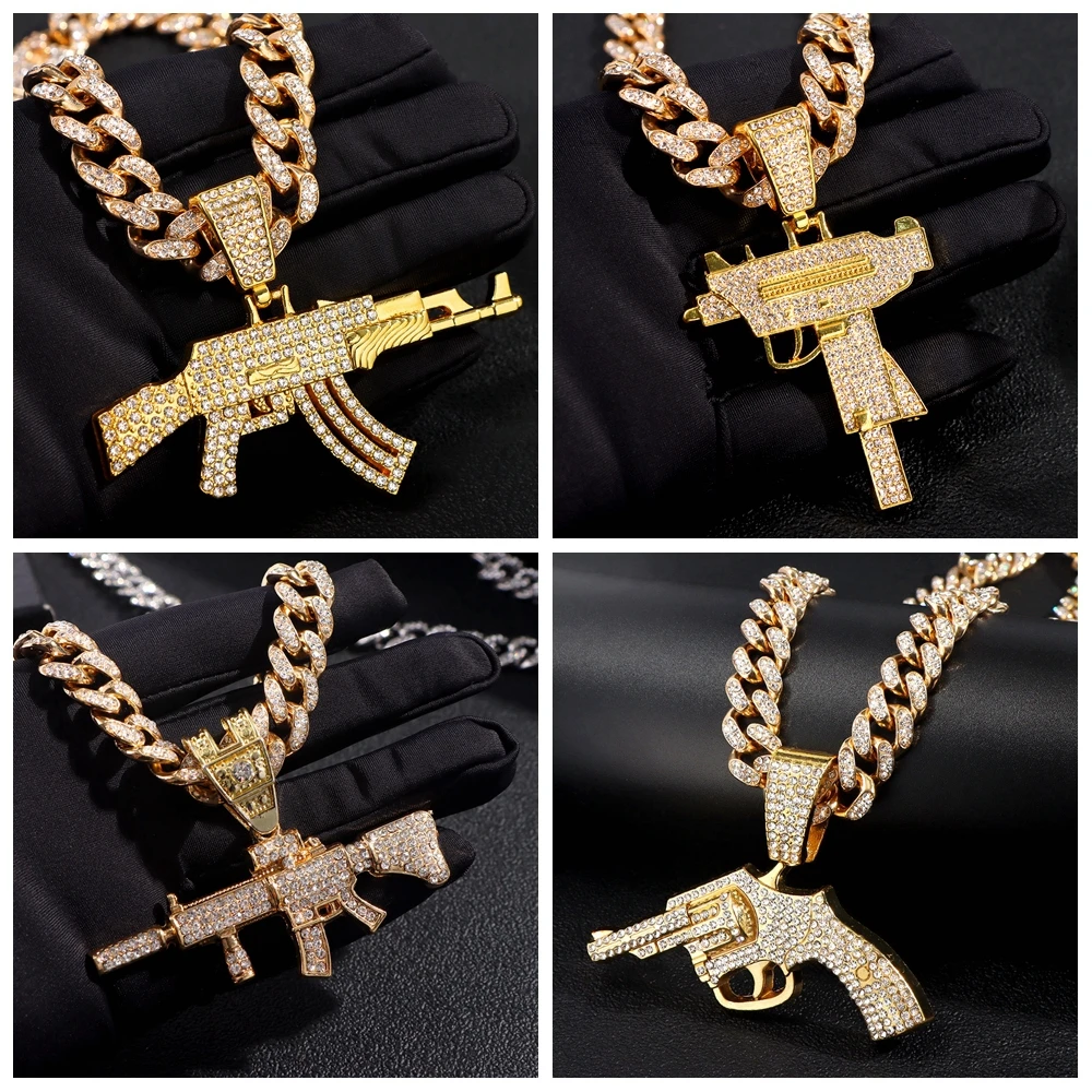 Hip Hop Men Women Submachine Gun Pendant Iced Out Chain Necklace