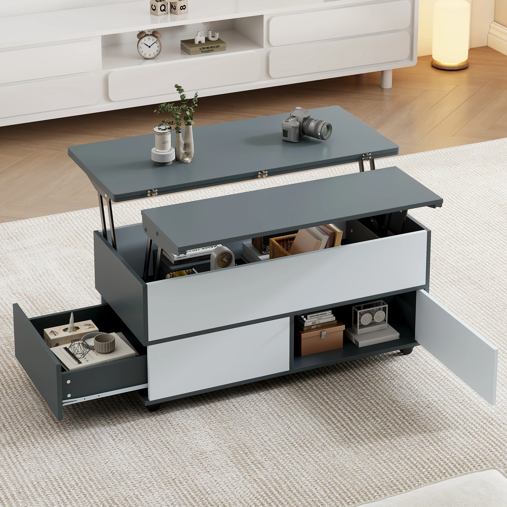 Table basse pliable, avec une plaque hydraulique double et un espace de rangement, sur roulettes, pour le salon, en aggloméré gris et blanc 1 Table basse pliable, avec une plaque hydraulique double et un espace de rangement, sur roulettes, pour le salon, en aggloméré gris et blanc 1